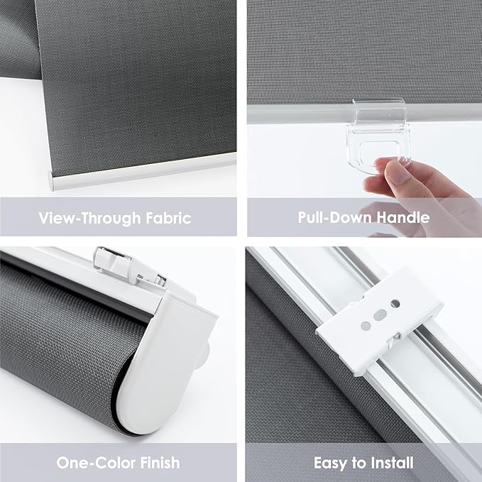 Cordless Roller Shades for Windows,Light Filtering Pull Down Blinds,Solar Screen Door Blinds,Flame Retardant UV Protection Fabric for Home Office (44" W x 72" H,Solar Grey)