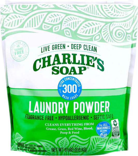 Charlie’s Soap Laundry Detergent Powder – 8 lb Bulk, Fragrance-Free, Hypoallergenic, Plant-Based, Biodegradable, Eco-Friendly, Deep Cleaning Powder for Sensitive Skin & HE Washers