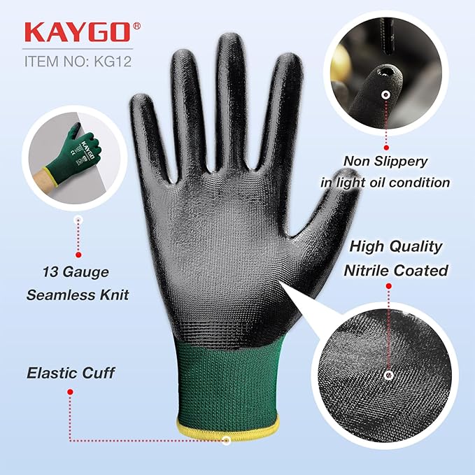 KAYGO Work Gloves Nitrile Coated, 12 Pairs KG12N，Seamless Knit, Protective Safety Work Gloves with Good Grip for General Work,green, M