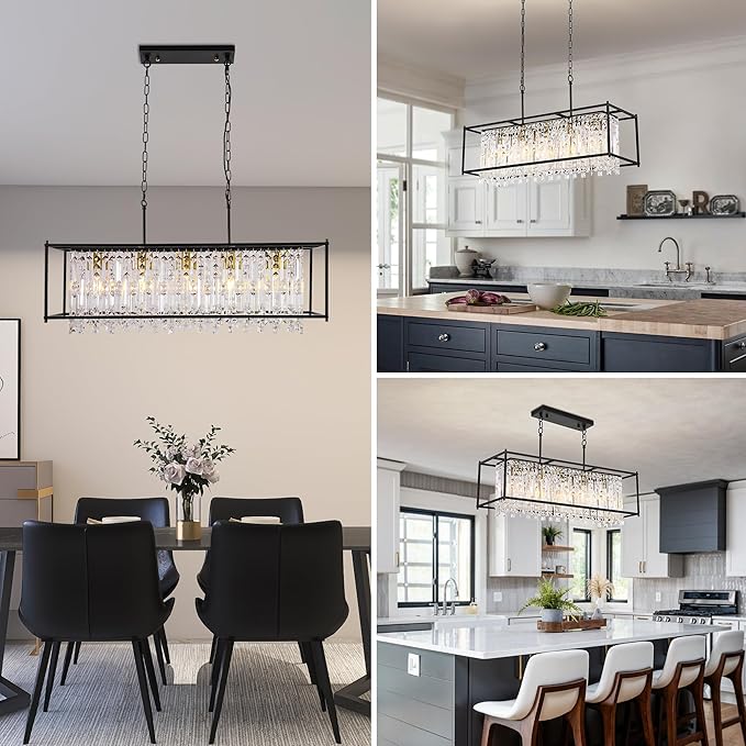 Modern Black Crystal Chandeliers For Dining Room, 36" Large Rectangle Water Ripple Glass Pendant Elegant Linear Lighting for Kitchen Island Dining Room LivingRoom Flat Inclined Ceiling,L36 x W11 x H19