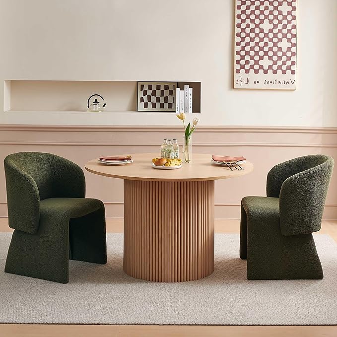 3-Piece Dining Table Set for 2, Modern Round MDF Kitchen Table with Two-Part Tabletop, Oak Finish, Stylish Living Room Table and 2 Cozy Dining Side Chairs Upholstered Set