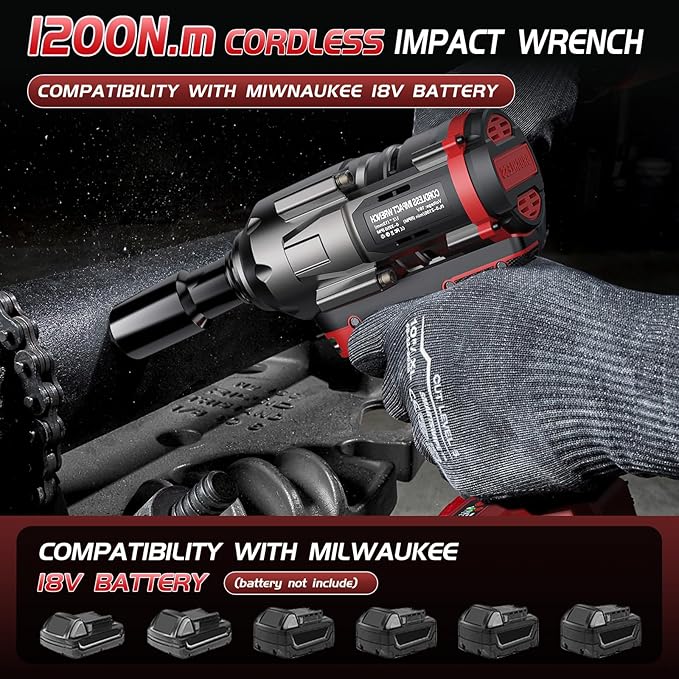 Cordless Impact Wrench 1/2 inch for Milwaukee 18V Battery, 900Ft-lbs(1200N.m) High Torque Impact Driver, Brushless Impact Gun with 4-Mode Speed, 6 Sockets, LED Work Light (Battery NOT included)