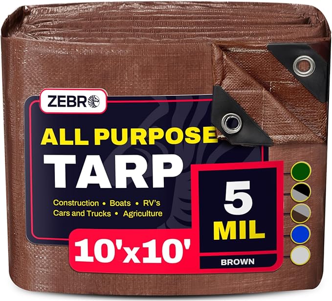 10' x 10' Brown Tarp with Grommets Reinforced - 5 Mil Thick - Durable UV Resistant Plastic Tarps Waterproof - Large Tarpaulin Cover for Outdoor Camping Over/Under Tent Tarp RV Roof Rain - Zebro