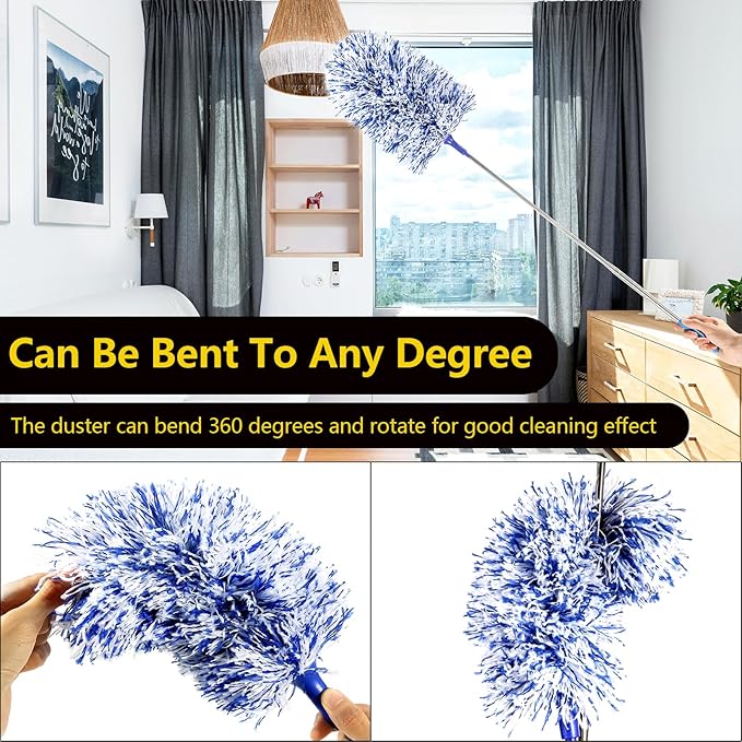 20-49inches Extendable Microfiber Feather Duster with 10pcs Replaceable Heads, Extra Long Bendable Duster for Cleaning, Electrostatic Dust Remove for Furniture, Ceiling, Window,etc (Navy Blue)