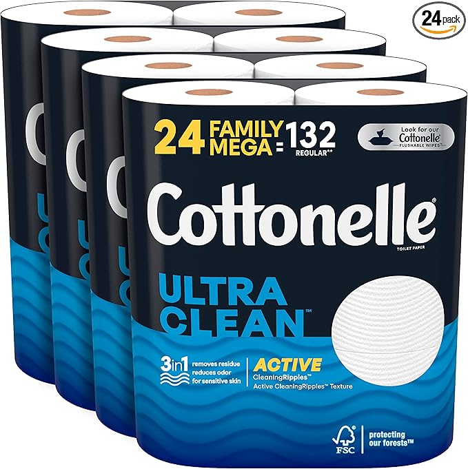 Cottonelle Ultra Clean Toilet Paper with Active CleaningRipples, 1- Ply, 6 Count (Pack of 4), (24 Family Mega Rolls= 132 Regular Rolls), 388 Sheets per Roll, Packaging May Vary
