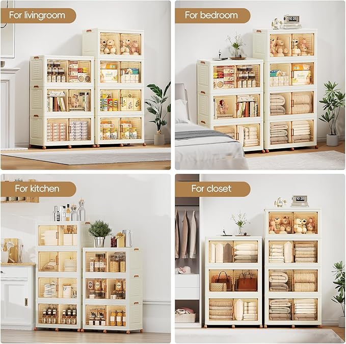 JEKO&JEKO 800Qt Foldable Storage Bins with Lids, Doors & Dividers, Stackable Plastic Drawers with Wheels for Home, Closet & Garage Organizer, 4 Pack, Cream