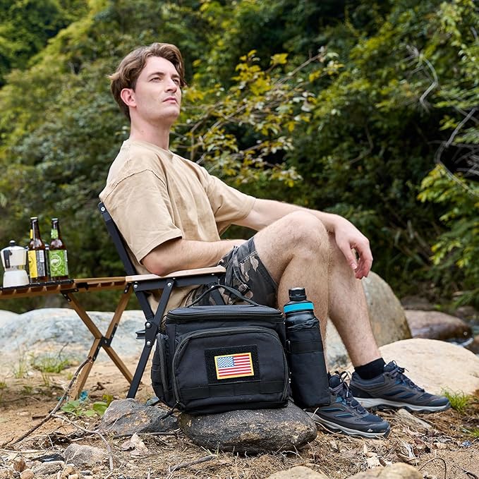 MOV COMPRA Tactical Lunch Bag for Men, Insulated Lunch Box Leakproof for Men Large Capacity with MOLLE Water Bottle Pouch Lunchbox for Adults for Work, Picnic（Black）