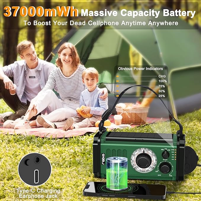 Crank Emergency Weather Radio, Solar Hand Crank Portable AM/FM/NOAA Weather Radio,Dynamo Radio,Crank Flashlight&Reading Lamp,Earphone Jack, SOS,Compass for Hurricane Storm Camping Outdoor Survival Kit