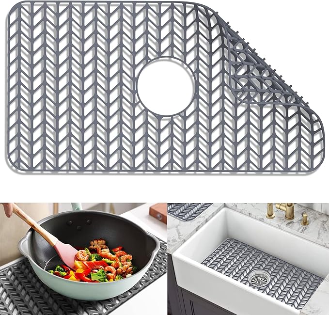 Sink Protectors for Kitchen Sink 12"13"16"18"19"24"26"28"29"30",Silicone kitchen sink mats protector for bottom of farmhouse sink(26"x14"Center Drain Gray)