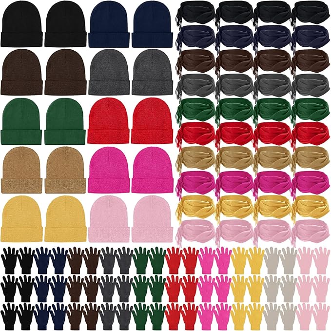 Unittype 300 Pcs Winter Beanies Gloves Scarf Set Bulk 100 Knit Skull Cap 100 Pair Winter Gloves 100 Neck Warmer for Men Women