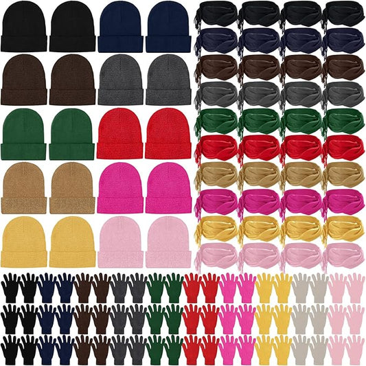 Unittype 300 Pcs Winter Beanies Gloves Scarf Set Bulk 100 Knit Skull Cap 100 Pair Winter Gloves 100 Neck Warmer for Men Women