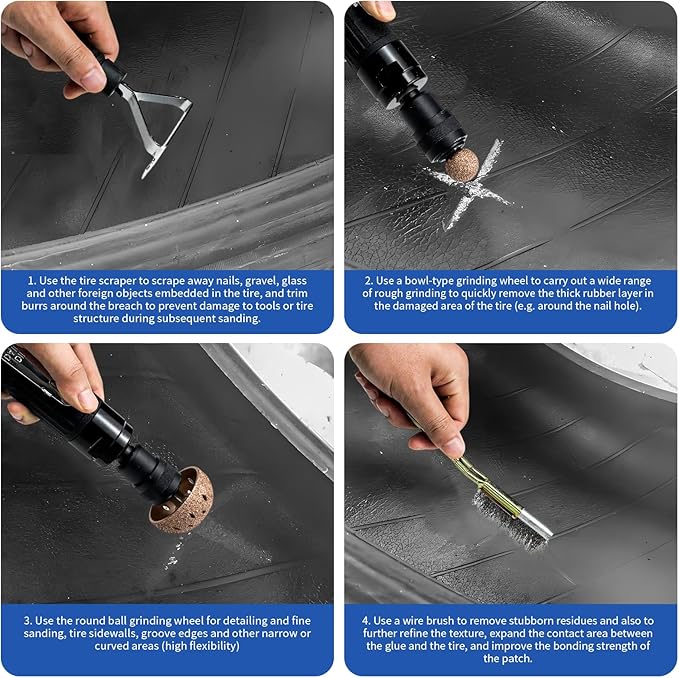 2500rpm Low-Speed Air Tire Repair Kit, Pneumatic Tire Buffer, Tire Patch Roller, Inner Liner Scraper, Tungsten Steel Buffing Wheels (42mm & 55mm) with Quick-Change Chuck, Variable Speed Throttle