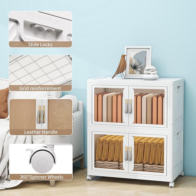 Large Clear Stackable Storage Bins with Lids, Foldable Storage Cabinet for Closet Organizers and Storage, Plastic Storage Box with Wheels 597 QT