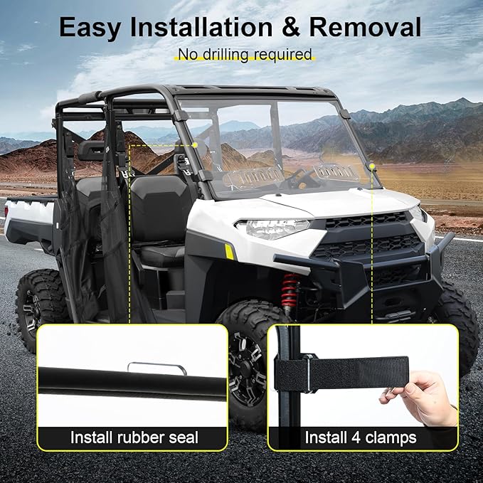 Scratch Resistant & Vented Full Windshield Compatible with Polaris Ranger 1000 / XP 1000 / Crew 1000 2017-2025 PC Clear Protects Against Wind, Dust, Dirt, Snow, Rain