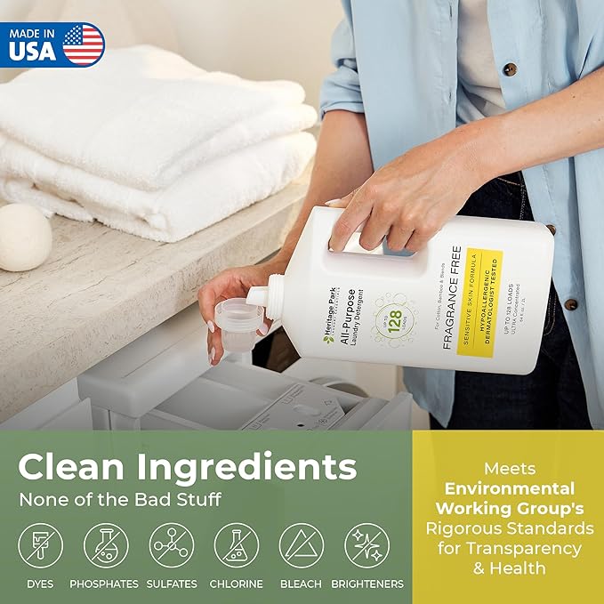 Heritage Park All-Purpose Fragrance Free, Hypoallergenic, pH-Neutral Laundry Detergent - Dermatologist-tested, Sensitive Skin-Friendly, Stain-Fighting Enzymes, 3x Concentrated (64 fl oz Refill Pouch)