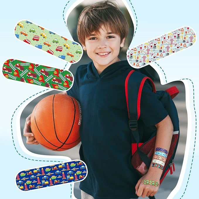 Patelai 300 Pieces Kids Bandages Bulk 10 Styles Children's Adhesive Flexible Colorful Cute Cartoon Bandages Waterproof Breathable Stickers Protection Care Cuts for Girls Boys(Dinosaur)