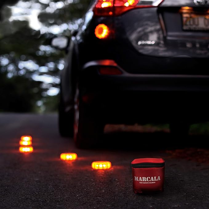 Marcala LED Road Flares Emergency Lights | 3-Pack Roadside Safety Disc Kit w/Whistle | DOT Compliant Emergency Flares for Car w/Batteries Installed | Roadside Emergency Car Kit with Flares
