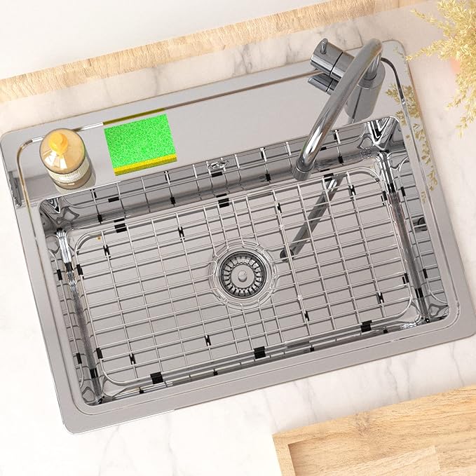 Sink Protector Sink Grates Stainless Steel Bottom Grid 25" X 12.8", Centered Drain with Corner Radius, Metal Sink Grate Protector