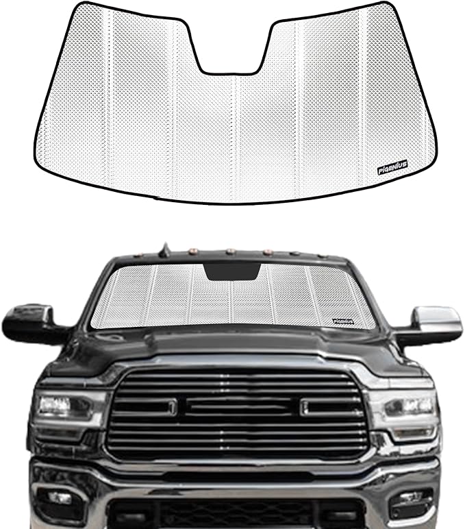 Windshield Sun Shade for Ram 2500/3500 2019-2025 with 10 Inch Wide Sensor. Reflective Aluminum Film Front Window Sunshade - BLAZBLOCK