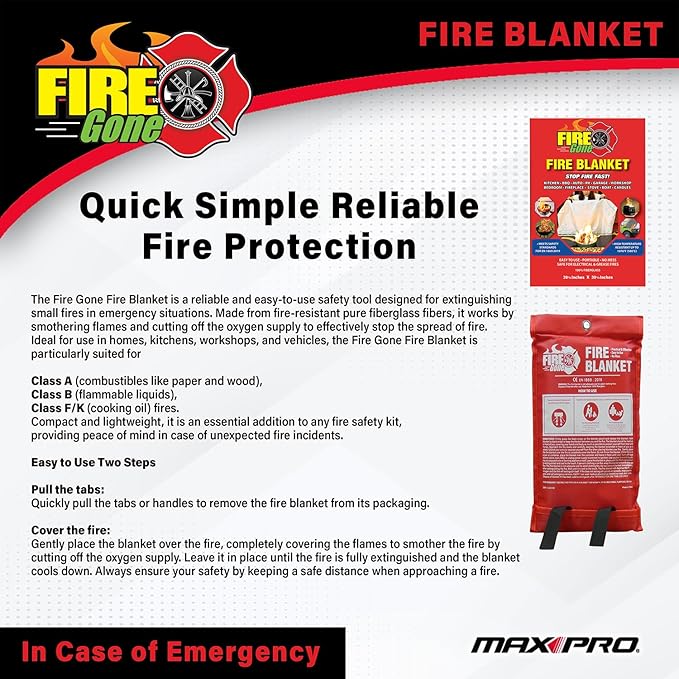 Fire Gone Premium Emergency Fire Blanket 2 Pack - 39.3" x 39.3" For Fire Extinguishing in Home & Kitchen - Fire Safety & Emergency Supplies - Kitchen & Home Fire Extinguisher- Home Essentials Safety