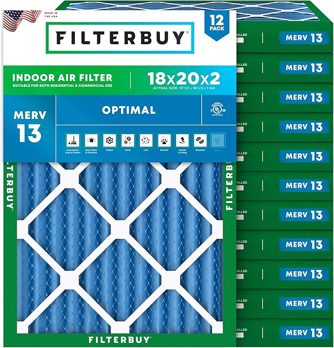 Filterbuy 18x20x2 Air Filter MERV 13 Optimal Smoke & Allergy Defense (12-Pack), Electrostatic Pleated HVAC AC Furnace Filters Replacement, Made in USA (Actual Size: 17.50 x 19.50 x 1.75)