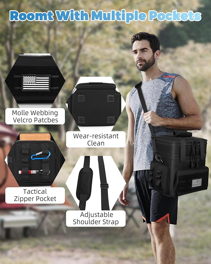 Tactical Lunch Bag & Lunch Box for Men - Large Double Deck Expandable Insulated Soft Adult Lunchbox for Work - Cooler Bag for Beach, Picnic, Camping,Outdoor，Travel (Black,23L)