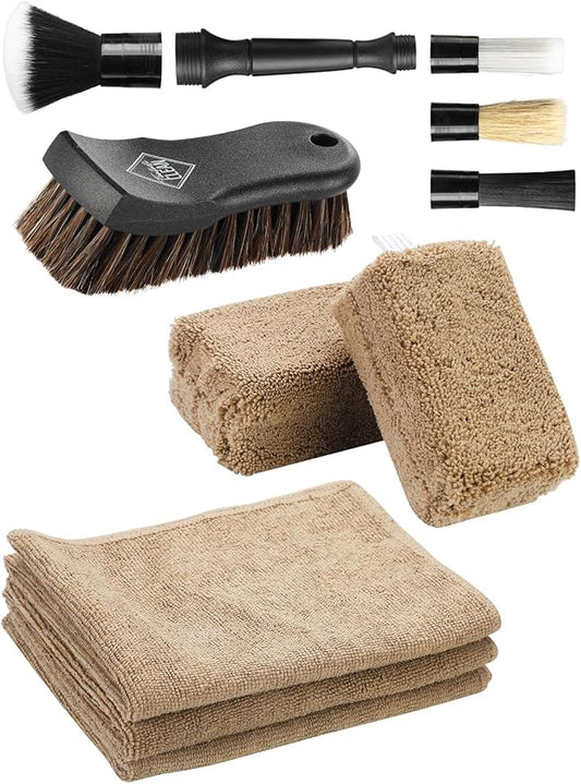 Fantasticlean 9PCS Car Interior Detailing Set, Microfiber Cloth & Applicator, Double-Head Detailing Brushes, Natural Bristles, Scratch-Free, Ultra-Soft for Seats Leather Care or Cleaning