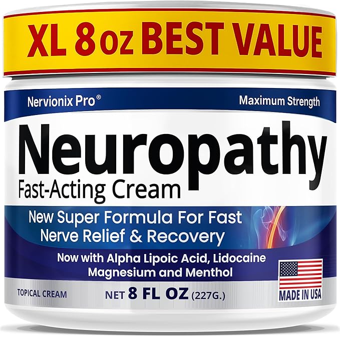 Neuropathy Nerve Relief Cream – Extra Large 8 oz – Super Strength ALA, Menthol, Magnesium Formula for Feet Hands Legs Toes Back – Made in USA – Fast-Acting Soothing Relief – Super Value 8 Oz