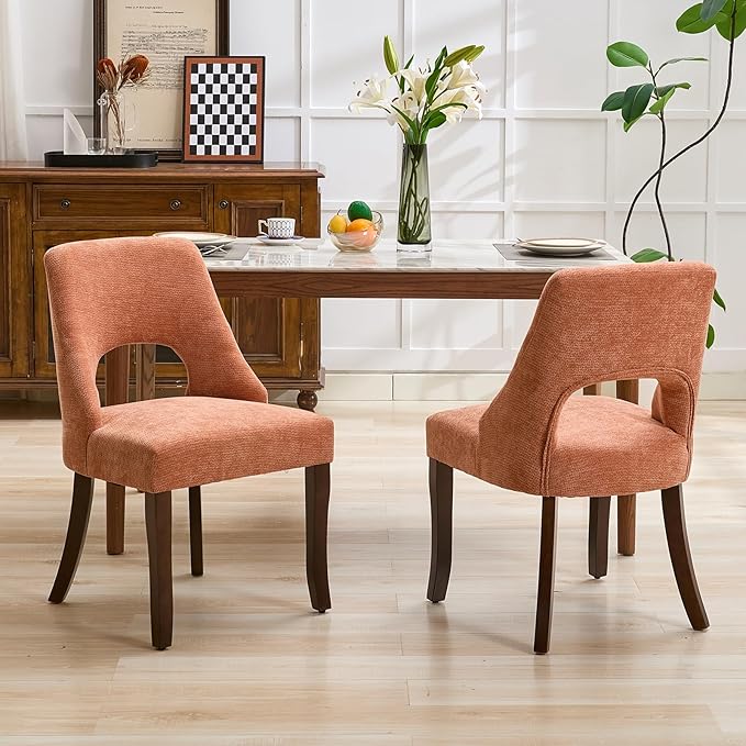 UVV Wooden Dining Chairs Set of 6, Mid Century Modern Upholstered Dining Room Chair Kitchen Chairs, Chenille Dinner Chair with Solid Wood Legs for Kitchen Dining Room, Orange-Chenille