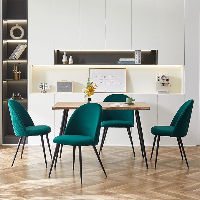 Modern Kitchen Table with Chairs Upholstered Set for 4, Stylish Brown Dining Table Wooden with Dark Green Velvet Dining Side Chairs Comfy with Cushion Seat for Apartment, Living Room