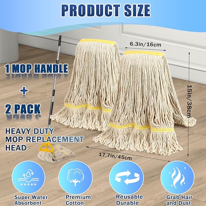 2 Pack 20oz Loop-End String Wet Mop Refills,Heavy Duty Cotton Commerical Industrial Grade Mop Replacements Heads for Home,Workshop,Garage Floors Cleaning,with 63'' Stainless Steel Mop Handle