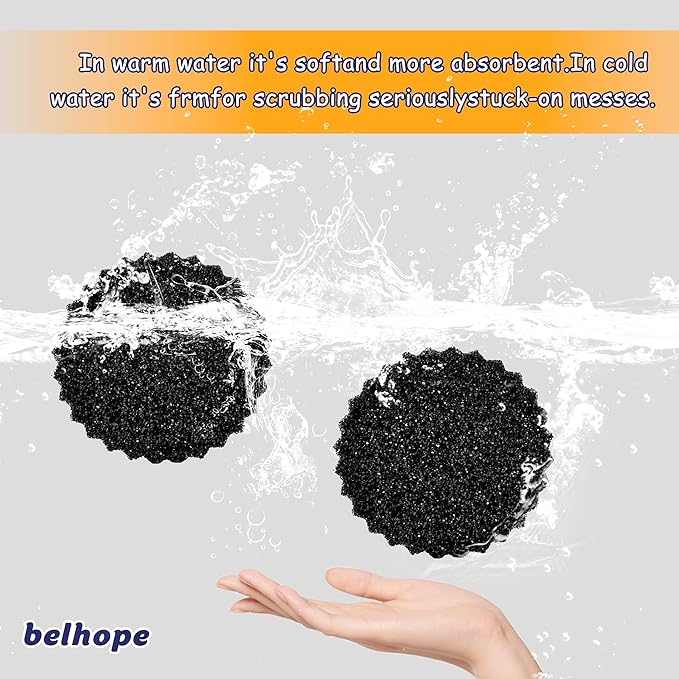 belhope Black Scrub Sponges - Scratch-Free Multipurpose Dish Sponge for Kitchen, Bathroom - Temperature Controlled Sponges for Scrubbing - Stain & Odor Resistant (6 Pack Round)