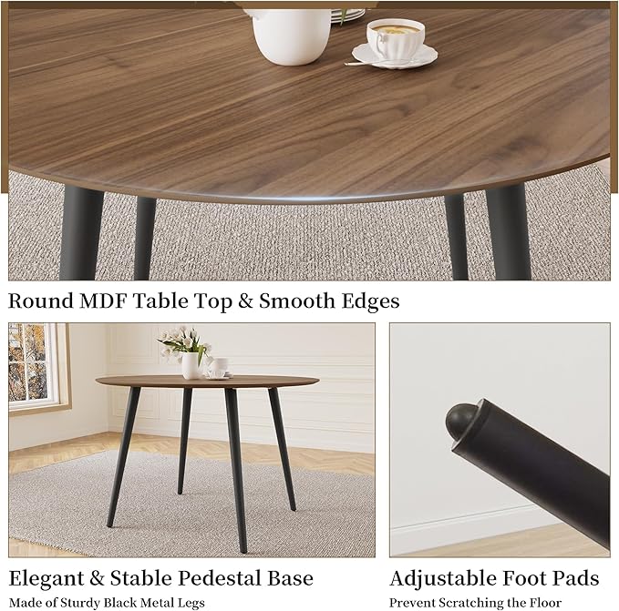 43.3 Inch Round Dining Table Set for 4, Modern Small Kitchen Coffee Set for Dining Room Kitchen Apartment (Walnut Table+4 U-Shaped Brown Chairs)