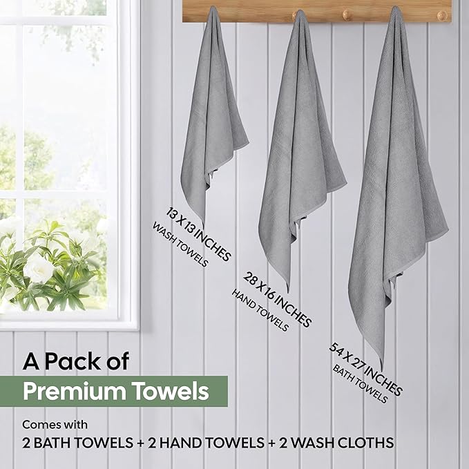 EcoNour Luxury 6-Piece Cotton Towel Set | 100% Grey Turkish Cotton Towels for Bathroom, Spa, Gym & Hotel | Includes 2 Bath Towels, 2 Hand Towels, 2 Wash Cloths | Soft, Quick Dry & Highly Absorbent