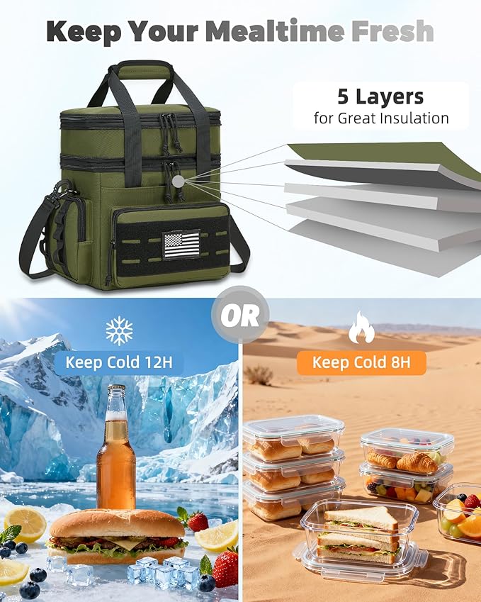 Tactical Lunch Bag & Lunch Box for Men - Large Double Deck Expandable Insulated Soft Adult Lunchbox for Work - Cooler Bag for Beach, Picnic, Camping,Outdoor，Travel (Green,16L)