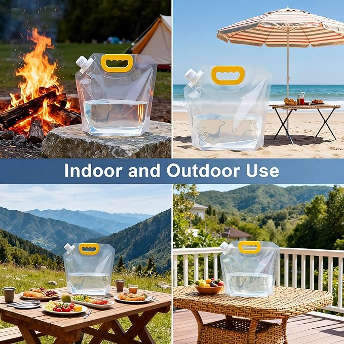 Collapsible Water Container Bag 8Pcs 1.3 Gallon, Freezable Plastic Foldable Water Pouch with Handles,Leak-Proof Plastic Storage Jug for Outdoor Sport Camping Emergency Survival