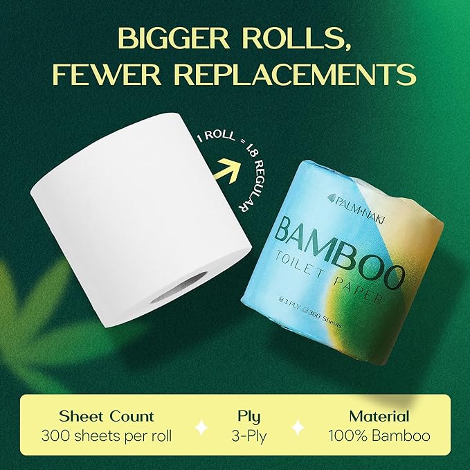 Premium Bamboo Toilet Paper | 3-Ply – Strong & Absorbent | Tree-Free, FSC Certified, BPA/PFAS-Free | Septic-Safe, Lint-Free | 6 Rolls (300 Sheets/Roll) | PALM NAKI