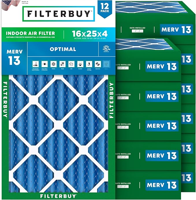 Filterbuy 16x25x4 Air Filter MERV 13 Optimal Smoke & Allergy Defense (12-Pack), Electrostatic Pleated HVAC AC Furnace Filters Replacement, Made in USA (Actual Size: 15.50 x 24.50 x 3.63)