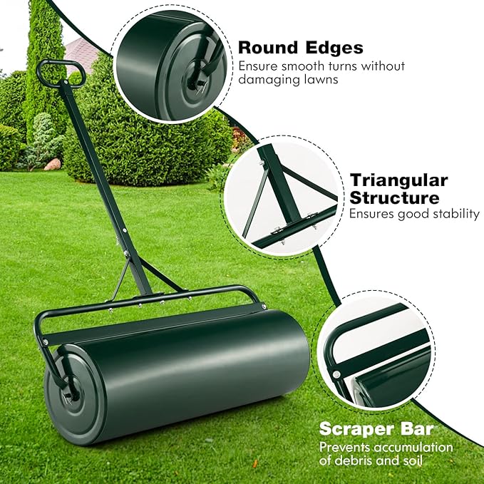 Goplus Push/Tow-Behind Lawn Roller, 17 Gallon/63L Water/Sand-Filled Sod Drum With Detachable Gripping Handle, 12 by 36-Inch, Green - for Garden, Yard, Farm
