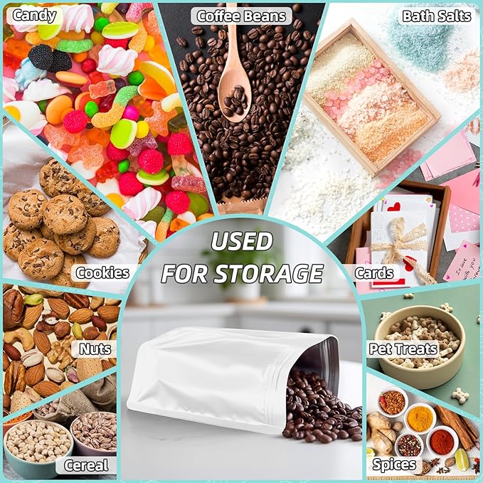 FUNFERY 4.7x7.9 inch Stand Up Mylar Resealable Bags for Food Storage,Smell Proof Foil Pouch,Food Packaging Sealable Bags,Mylar Zipper Bag for Jerky,Candy,Cereal,Coffee, Cards,White,50 Pack