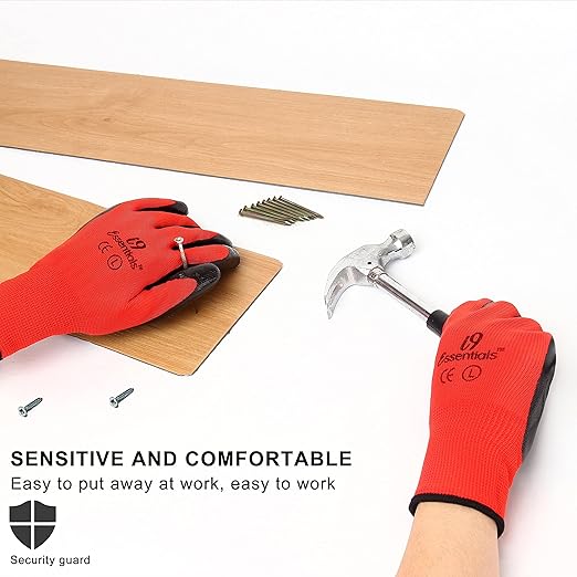 I9 Essentials Work Gloves 12 Pairs – Red Seamless Knit Gloves with Nitrile Coated Palm & Fingers, Breathable Safety Grip for Men & Women, General Duty, Construction, Warehouse (Large)