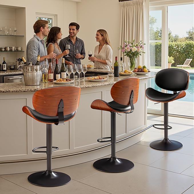 Bar Stools Set of 4 Adjustable Swivel Bentwood Barstools PU Leather Modern Bar Chairs with Back & Footrest for Bar, Kitchen Island, Dining Room (Black, Set of 4)