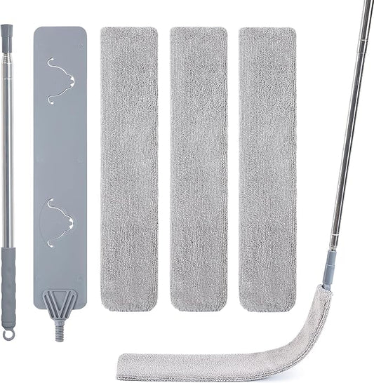 Skinny Duster with Extension Pole for Under Furniture, Under Appliance Cleaning Tool with 3 Microfiber Dusting Cloths, Retractable Flat Duster for Under Refrigerator, Tight Spaces, Gap