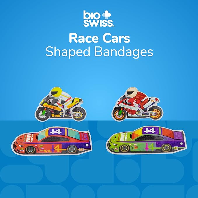 BioSwiss Kids Bandages, Race Cars Shaped Self Adhesive Bandage Set, Latex Free, Sterile Wound Care, 50 Count