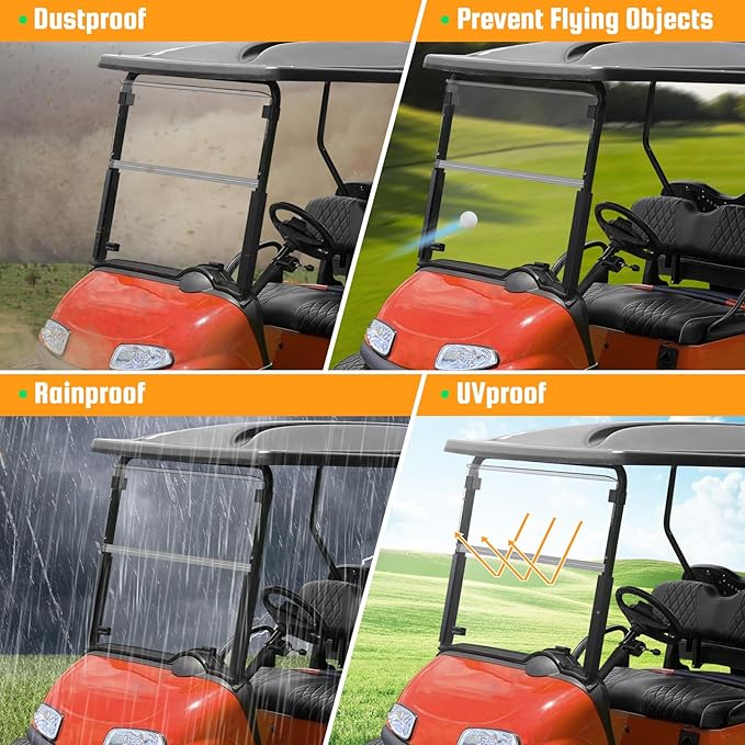 Golf Cart Foldable Windshield Fits 2008-Up EZGO RXV / Freedom RXV Only, 3/16" (5MM) Thicken Fits 1-1/4" Struts, Front Folding Windshield Replacement, Included Hardware
