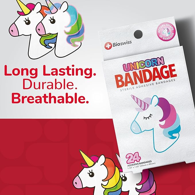 BioSwiss Kids Bandages, Unicorn Shaped Self Adhesive Bandage Set, Latex Free, Sterile Wound Care, 24 Count