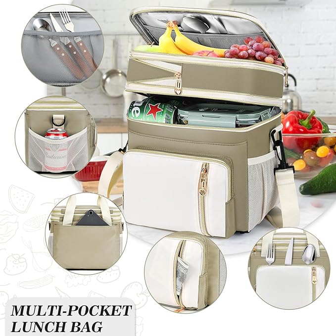 LOKASS Expandable Lunch Box for Women | Adult Lunchbag Cooler Tote Bag with Adjustable Shoulder Strap | Insulated Reusable Womens Lunch Bags for Work Camping Beach | 16L, Beige