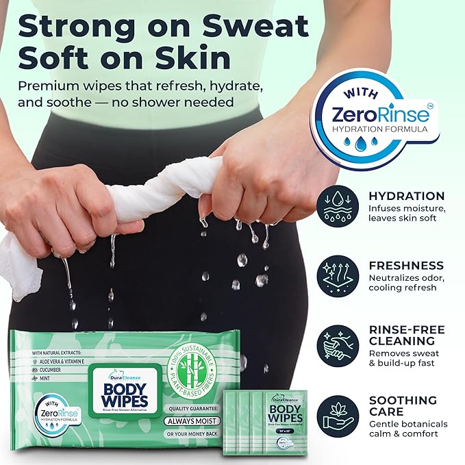 Body Wipes for Women, Extra Moist No Rinse Bathing Wipes (2pk), 100 XL Shower Cloths + 8 Deodorizing Bath Cloths - 10" x 11.5"" Travel Size After Gym Cleaning Essentials, Toiletries for Womens Hygiene