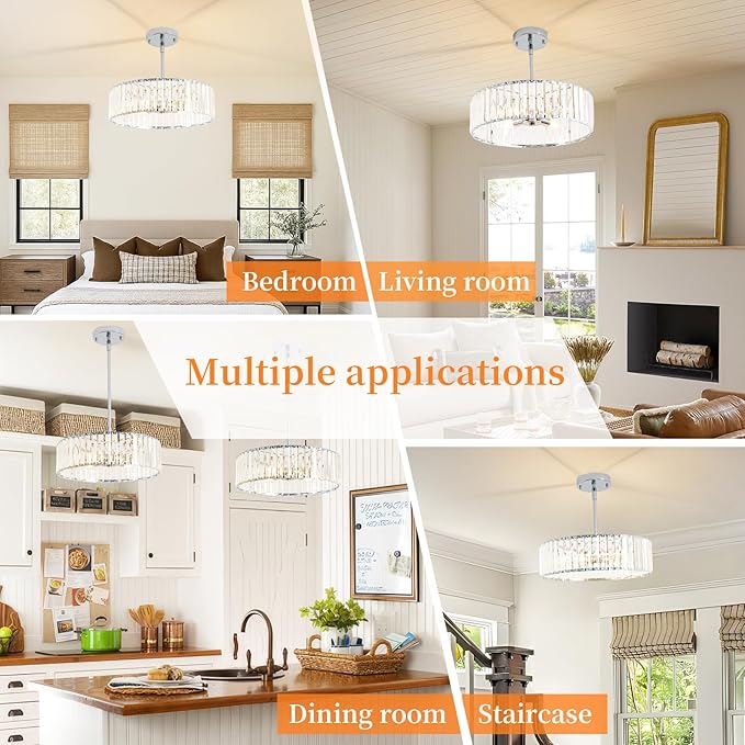 4-Light Chrome Crystal Chandelier,Modern Dinning Room Light Fixture,Round Pendant Light Kitchen Island,Semi Flush Mount Ceiling Light for Hallway Living Room Entryway Bedroom,16 Inch