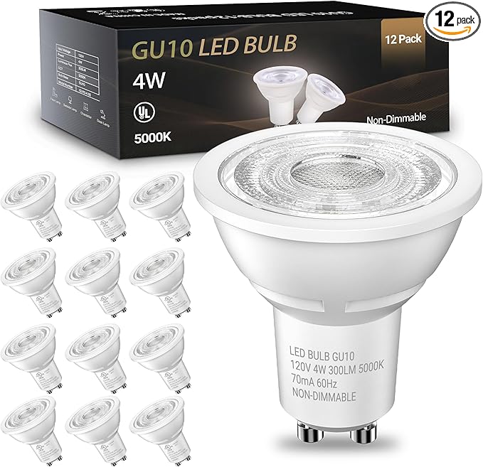 TJOY GU10 LED Light Bulbs Non-Dimmable, 4W, 5000K Daylight White, 300LM, Equivalent 35W, 2 Prong GU10 Bulbs Replacement for Recessed Track Lighting, MR16 LED Bulb for Living Room, Range Hood, 12 Pack